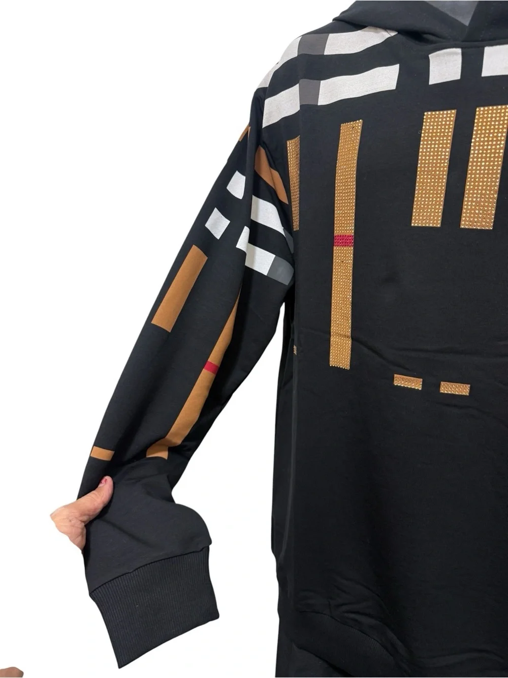 LAVERITA Black Hoodie with Geometric Tan, White & Red Block Pattern. new. large
